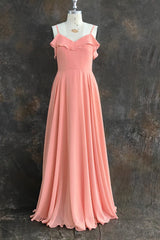 A-line Floor Length Spaghetti Straps Ruffles Long Bridesmaid Dresses