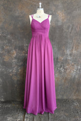 A-line Floor Length V Neck Spaghetti Straps Pleating Long Chiffon/Lace Bridesmaid Dresses