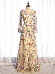 A-Line Gold Tulle Embroidery Long Sleeve Prom Dress