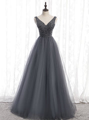 A-Line Gray Tulle V-neck Backless Beading Prom Dress