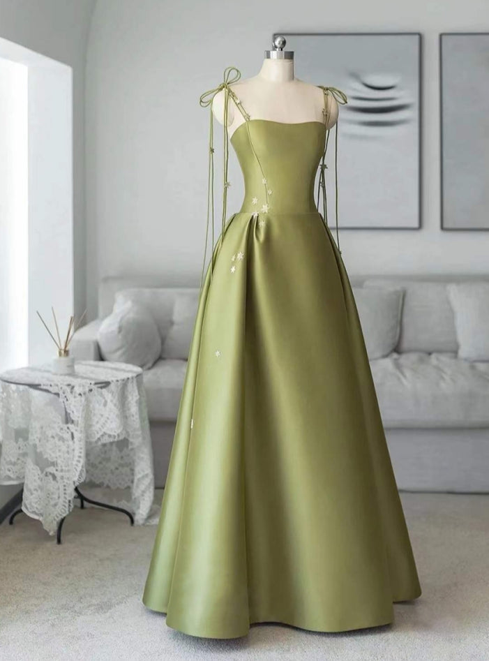 A-line Green Satin Spaghetti Straps Prom Dress