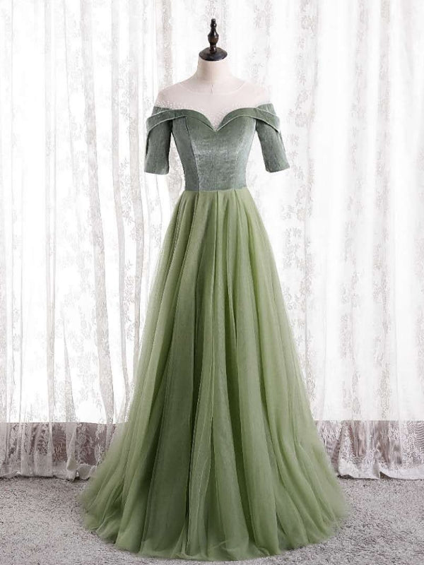 A-Line Green Tulle Velvet Short Sleeve Prom Dress