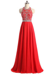 A-Line Halter Backless Chiffon Beading Sequins Prom Dress