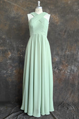 A Line Halter Chiffon Green Pleated Long Bridesmaid Dress