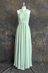 A Line Halter Chiffon Green Pleated Long Bridesmaid Dress