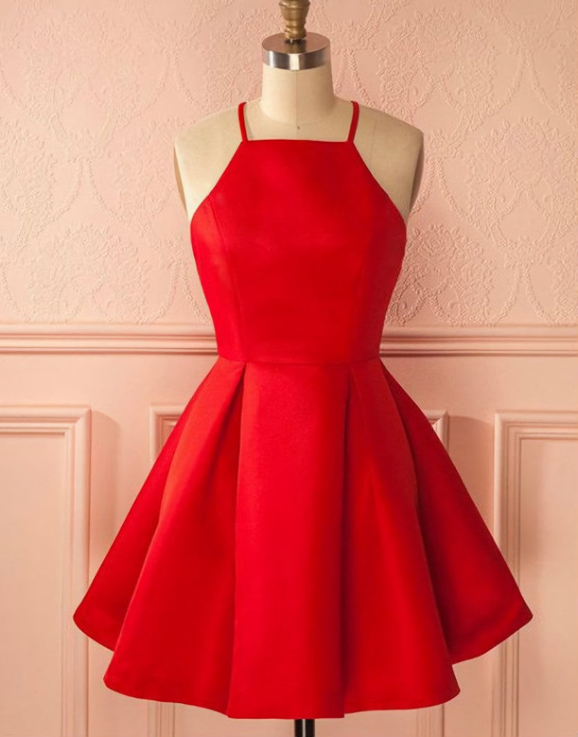 A-Line Halter Sleeveless Short Red Satin Homecoming Dress