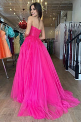 A-Line Hot Pink Tulle Lace StraplessLong Prom Dress