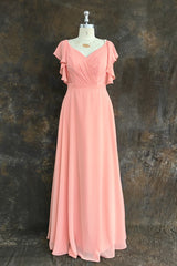 A-Line Light Coral Ruffled Flutter Sleeves Chiffon Bridesmaid Dress