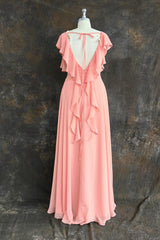 A-Line Light Coral Ruffled Flutter Sleeves Chiffon Bridesmaid Dress