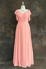 A-Line Light Coral Ruffled Flutter Sleeves Chiffon Bridesmaid Dress