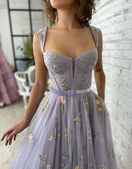 A-line Lilac Tea Length Tulle Prom Dress with Embroidery