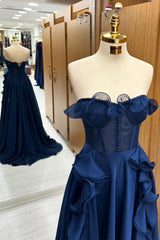 A Line Navy Blue Corset Ruffle Maxi Prom Dress