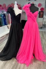 A-Line One Shoulder Long Tulle Prom Dress with Ruffles