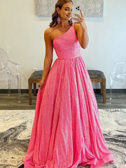 A-Line One Shoulder Sequins Prom Dress with Pockets