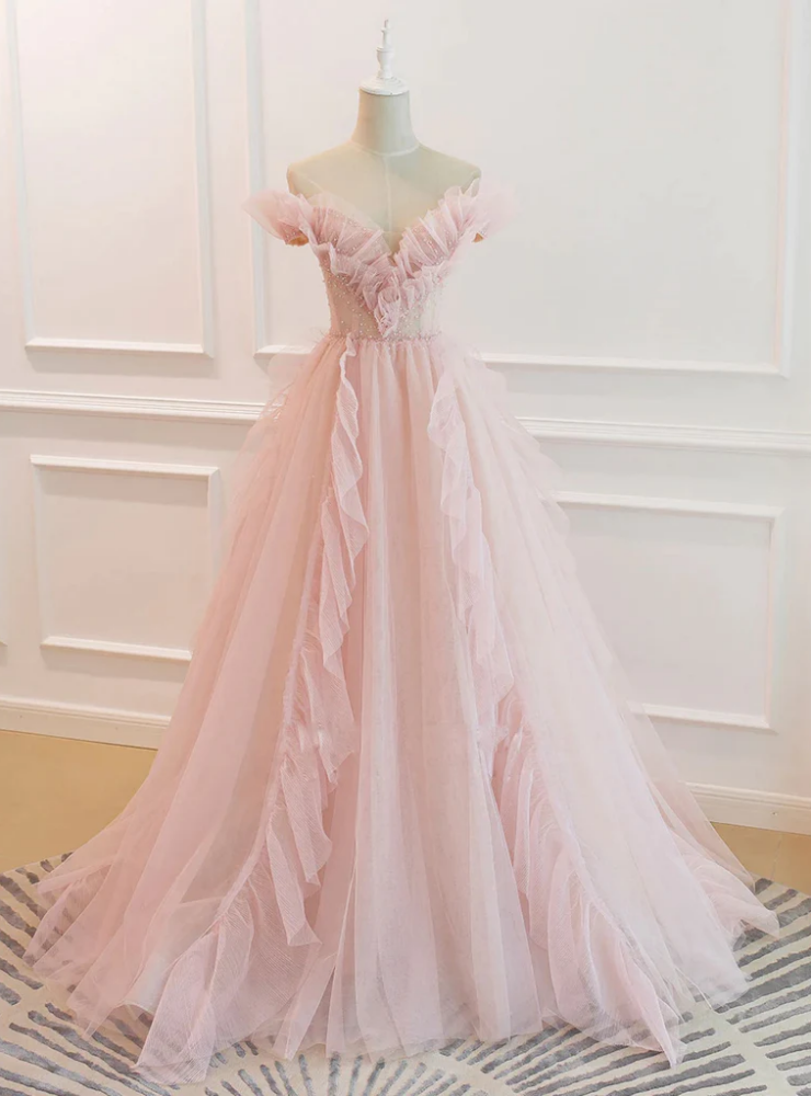 A-line Pink Tulle Off the Shoulder Prom Dress