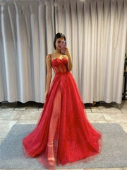 A-line Spaghetti Straps Glitter Tulle Prom Dress