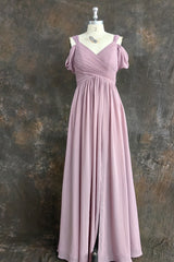 A Line Spaghetti Straps Pleated Chiffon Vintage Mauve Bridesmaid Dress with Slit