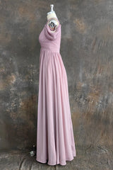 A Line Spaghetti Straps Pleated Chiffon Vintage Mauve Bridesmaid Dress with Slit