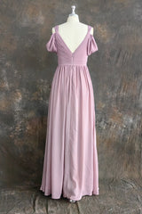 A Line Spaghetti Straps Pleated Chiffon Vintage Mauve Bridesmaid Dress with Slit