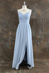 A-Line Spaghetti Straps Ruched Long Chiffon Bridesmaid Dress with Slit