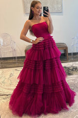 A-Line Strapless Tulle Long Prom Dress with Tiered Ruffles