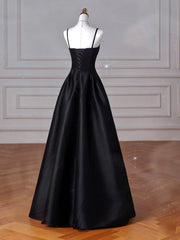 A-Line Sweetheart Neck Satin Black Long Prom Dresses, Black Long Formal Dresses