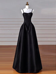 A-Line Sweetheart Neck Satin Black Long Prom Dresses, Black Long Formal Dresses