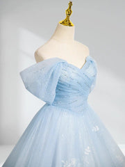 A-Line Tulle Lace Blue Long Prom Dress Off Shoulder Sky Blue Dress