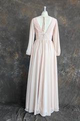 A-Line V-Neck Long Sleeves Long Chiffon Bridesmaid Dresses With Split Side Pockets