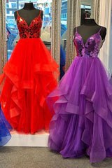 A-line V-Neck Mirror-Cut Sequins Ruffle Layers Long Prom Dress