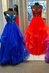 A-line V-Neck Mirror-Cut Sequins Ruffle Layers Long Prom Dress