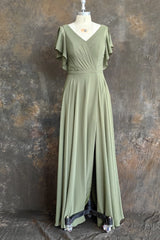 A-line V-neck Ruffle Sleeves Pleats Chiffon Bridesmaid Dress with Ruffles