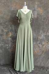 A-line V-neck Ruffle Sleeves Pleats Chiffon Bridesmaid Dress with Ruffles