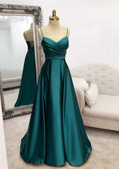 A-line Sweetheart Spaghetti Straps Satin Long Prom Dress with Pleated