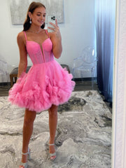 A-Line V Neck Short Tulle Homecoming Dress