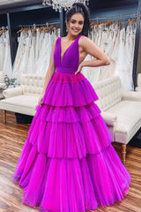 A-Line V Neck Tiered Tulle Prom Dress