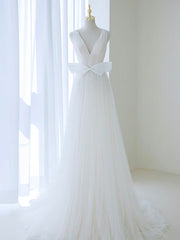 A-Line V Neck White Tulle Long Wedding Dresses with Bow