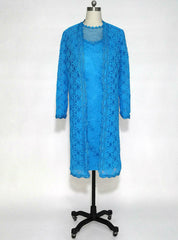 Adorable Blue Lace Knee Length Mother of the Bride Dresses Sheer with 3/4 Sleeves Long Jacket