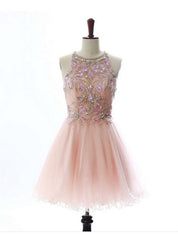 Attractive A lines Pink Homecoming Dresses Open Back Sleeveless Beaded Scoop Mini Homecoming Dress