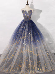 Available In Sizes 0-24 Blue Ball Gown Tulle Gold Stamping Strapless Quinceanera Dress