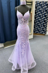 Lavender Spaghetti Straps Mermaid Prom Dress With Appliques