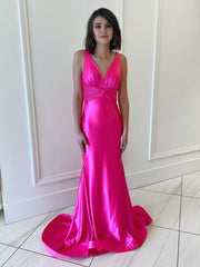 Backless Pink V Neck Long Prom Dress