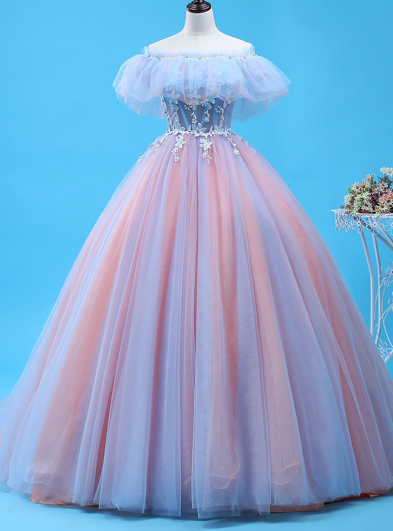 Ball Gown Pink Tulle Off The Shoulder Prom Dress