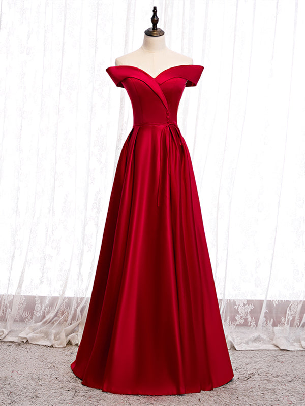 Beautiful Off The Shoulder Burgundy Satin Button Long Prom Dress Under 119