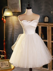 Beige Tulle Satin Strapless Pleats Homecoming Dress