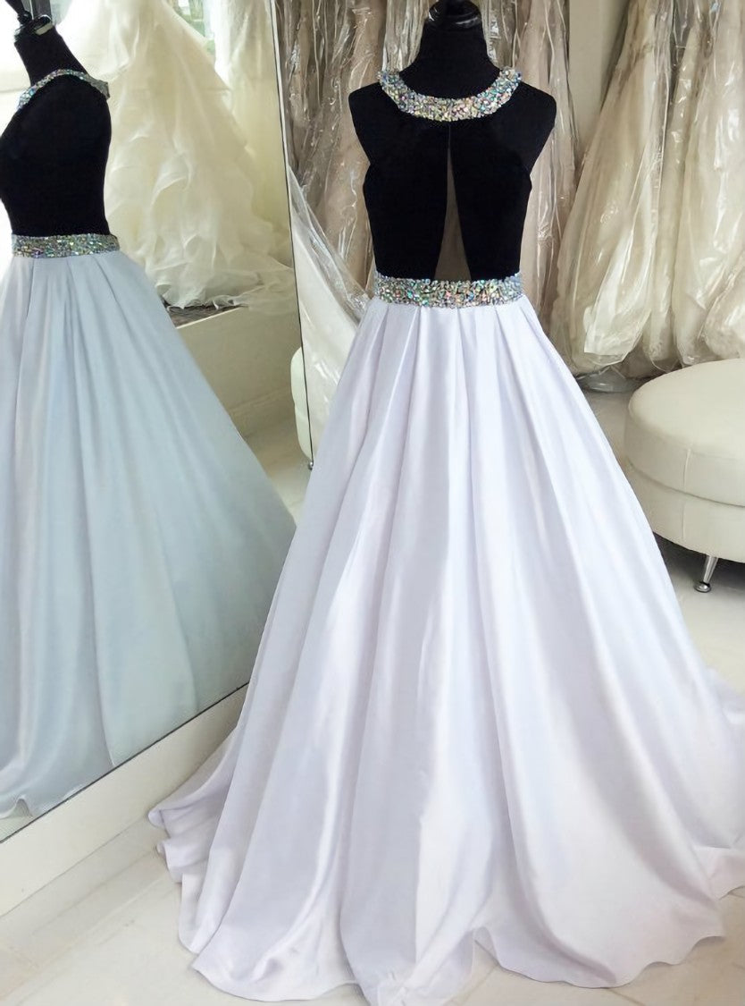 Black and White Satin Long Evening Dresses Prom Gowns with Crystals