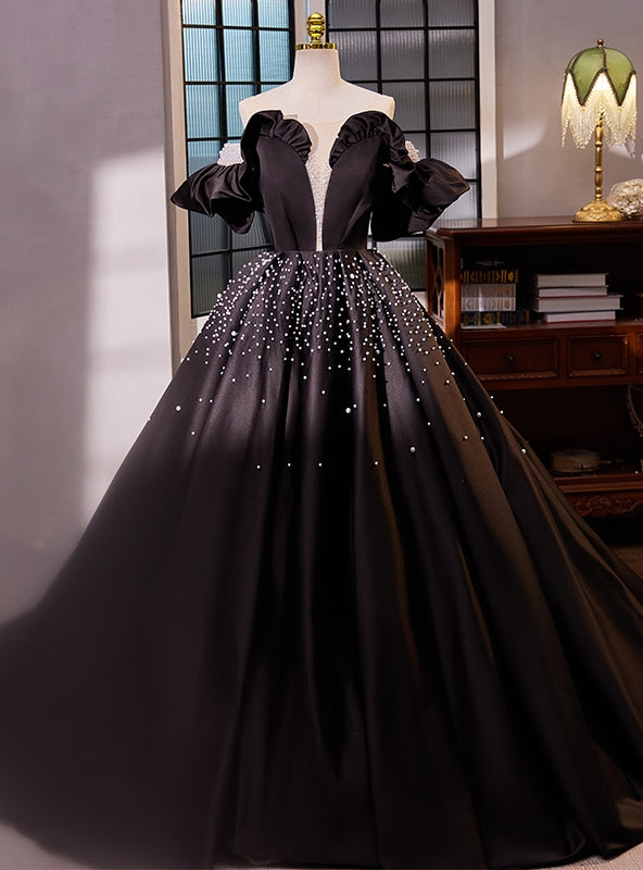 Black Ball Gown Short Sleeve Pearls Quinceanera Dress