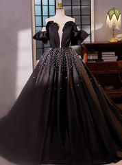 Black Ball Gown Short Sleeve Pearls Quinceanera Dress