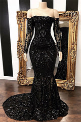 Black Long Mermaid Off the shoulder Prom Dresses with Sleeves