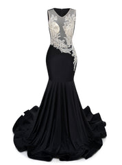 Black Mermaid Appliques Beading Prom Dress